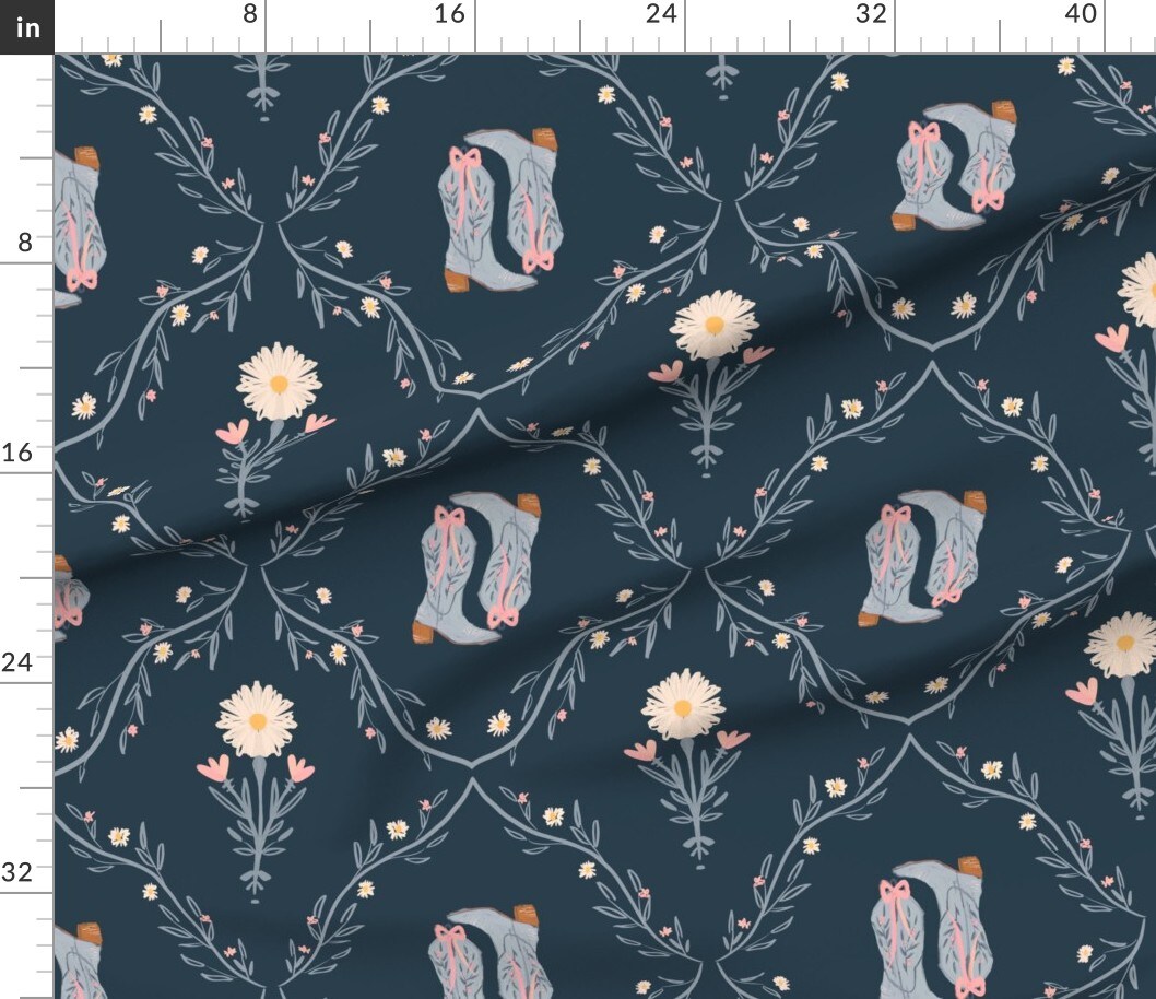 Blue Boots Country Western Navy Pink Bows Daisy Wildflowers Cowboy Boot Farm Southwestern Custom Printed Fabric by Spoonflower Various Fabrics by the Yard or Fat Quarter
