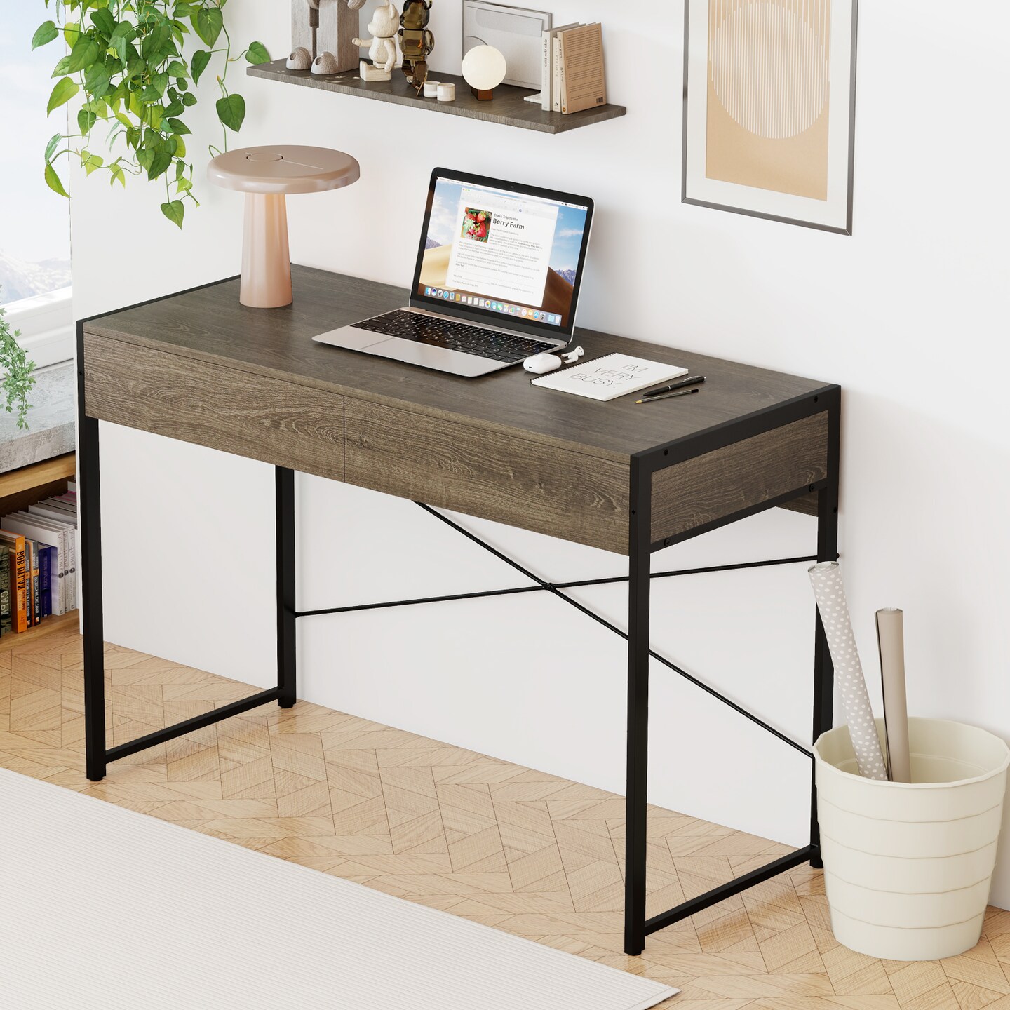 Black-Oak Engineered Wood Computer Desk with Metal Frame and Drawers