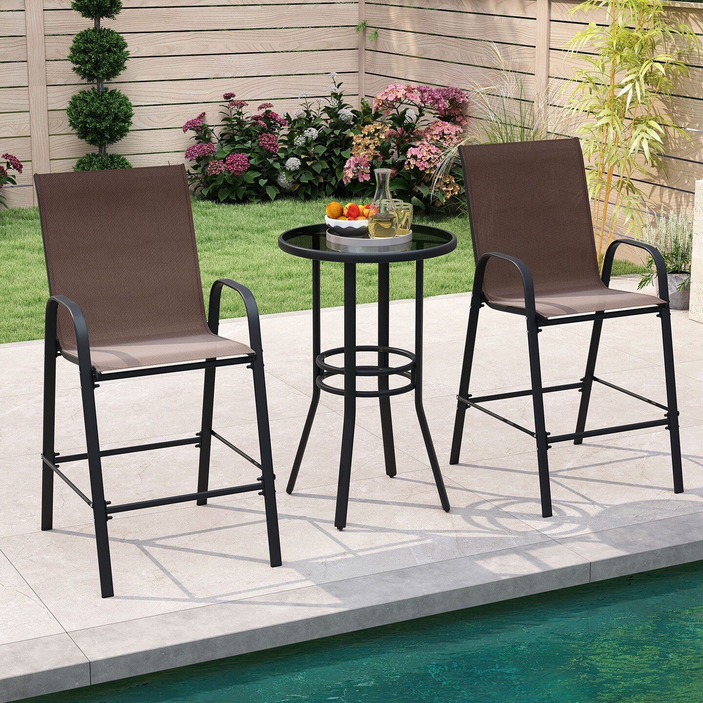 Set of 2 Outdoor Bar Stools 29 Inch High Back Fabric Patio Chairs with Armrests and Footrest Metal Frame