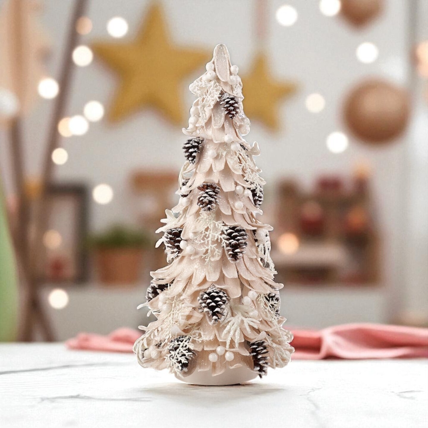 Tabletop Tree Christmas - Natural Woodcurl Tree W/ Pinecones and Berries - Wood curl Petal Cone tree - Holiday Tree