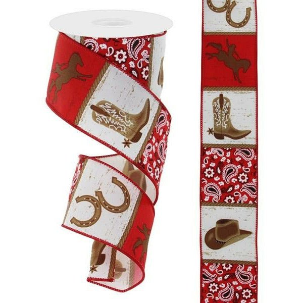 2.5&#x22; Cowboy Blocks Bandana Ribbon: White  (10 Yards)