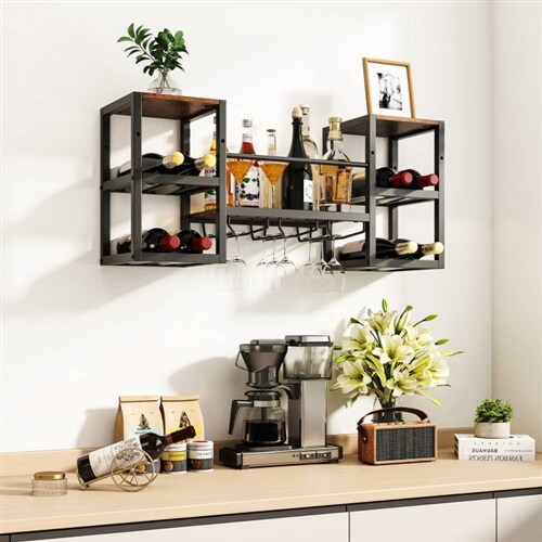 Rustic Brown Wall Wine Rack with 8 Bottle Slots Glass Holders and Extra Storage Shelves