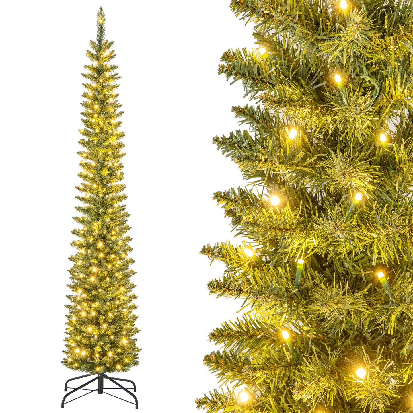 Green PVC Metal Slim Pencil Christmas Tree with LED Lights