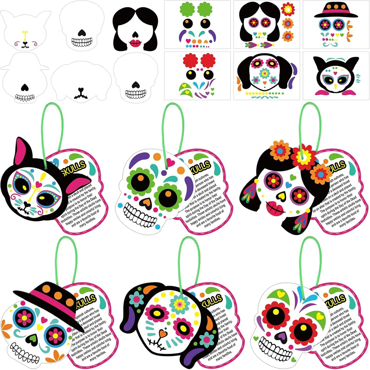 30 Sets Day of The Dead Sugar Skull Craft Kit Dia De Los Muertos Hanging Sign Ornament with Rope Make Your Own Sugar Skull Craft for Halloween Mexican Party Home Decorations Supplies