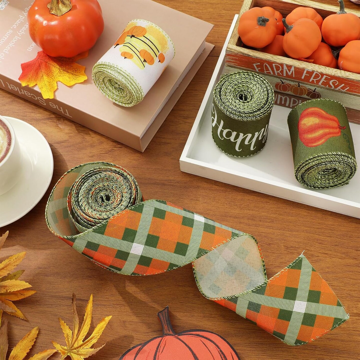 4 Rolls Fall Pumpkin Truck Plaids Ribbon