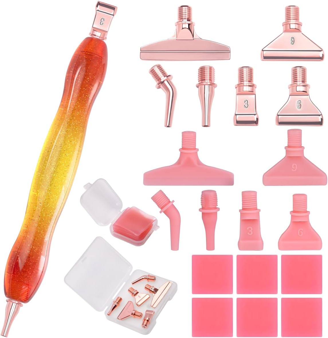 Diamond Painting Art Drill Pen Kit with 6 Screw Stainless Steel Silver Metal Tip Nibs, 6 Plastic Placers,6Glue Clays Tool Accessories for Diamond Painting, Diamond Art Orange Yellow