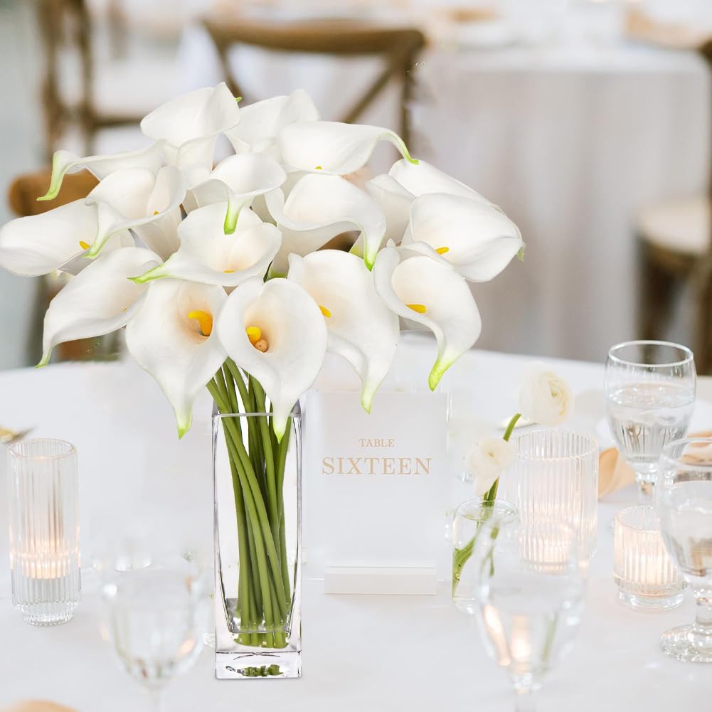 Fake Flowers in Vase 14“ Artificial Calla Lily Pure-White Flowers Arrangement with Vase and Faux Water for Home Decor Dining Table