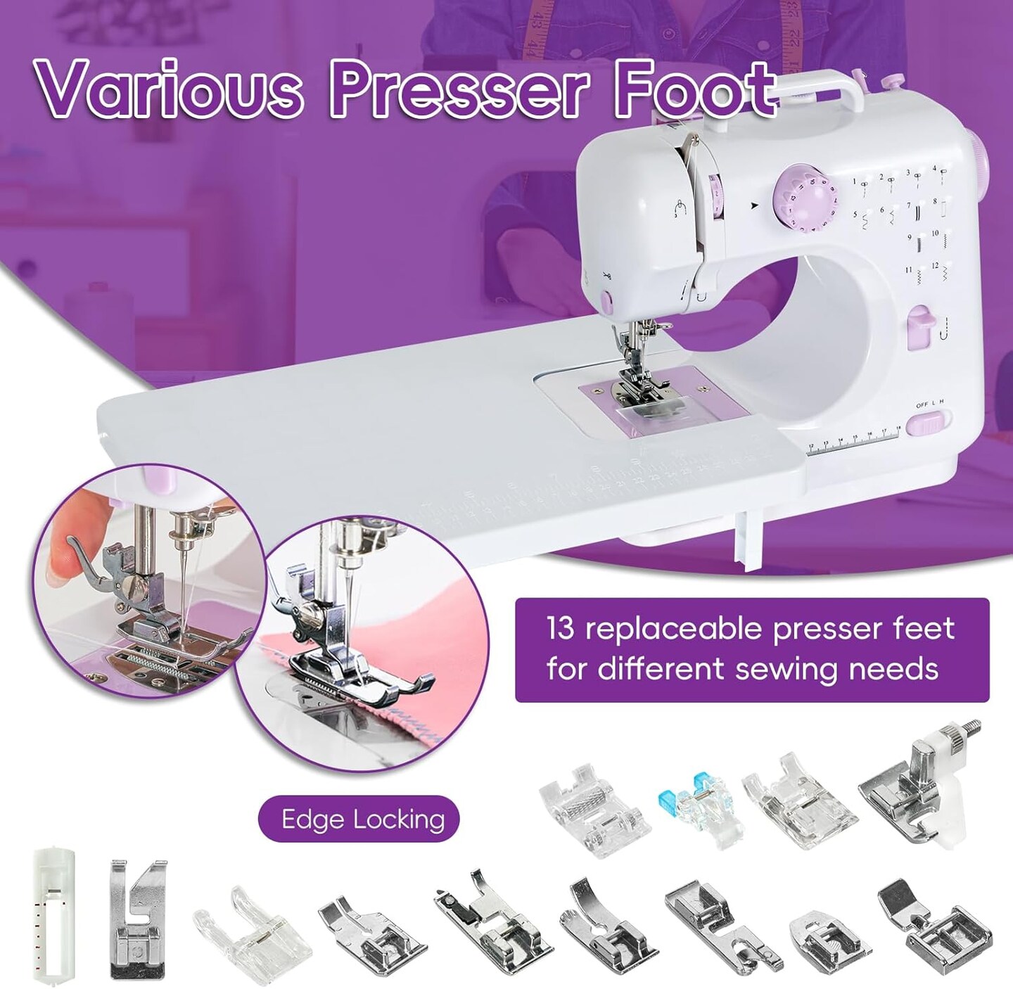 Sewing Machine for Beginners, Mini Sewing Machine Built-in 12 Stitches, 13 Replaceable Presser Feet, Extension Table, Light, Reverse Sewing, 2 Speed Foot Pedal, Portable Sewing Kit