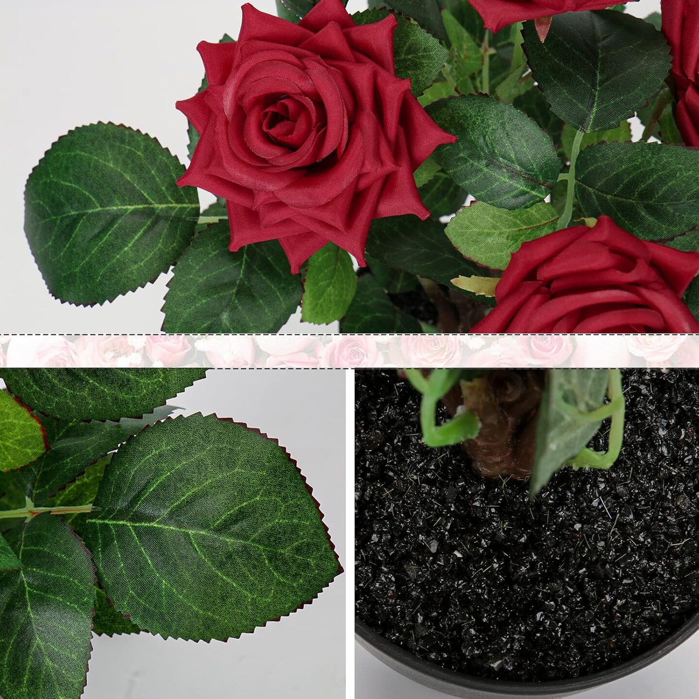 Artificial Plants &#x26; Flowers in Vase Red Roses Artificial Flowers Potted Plant Faux Silk Flower with Black Pot Fake Rose Flower Arrangement Home Decor Bathroom Shelf Desk Decoration 15 Inch