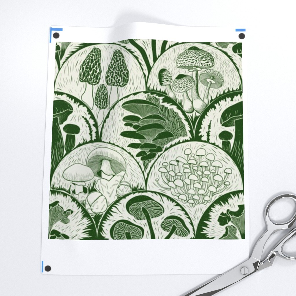 Green Mushrooms Scallop Woodland Block Print Forest Botanical Cottagecore Garden Custom Removable Wallpaper by Spoonflower Peel & Stick Wallpaper 2FT Wide