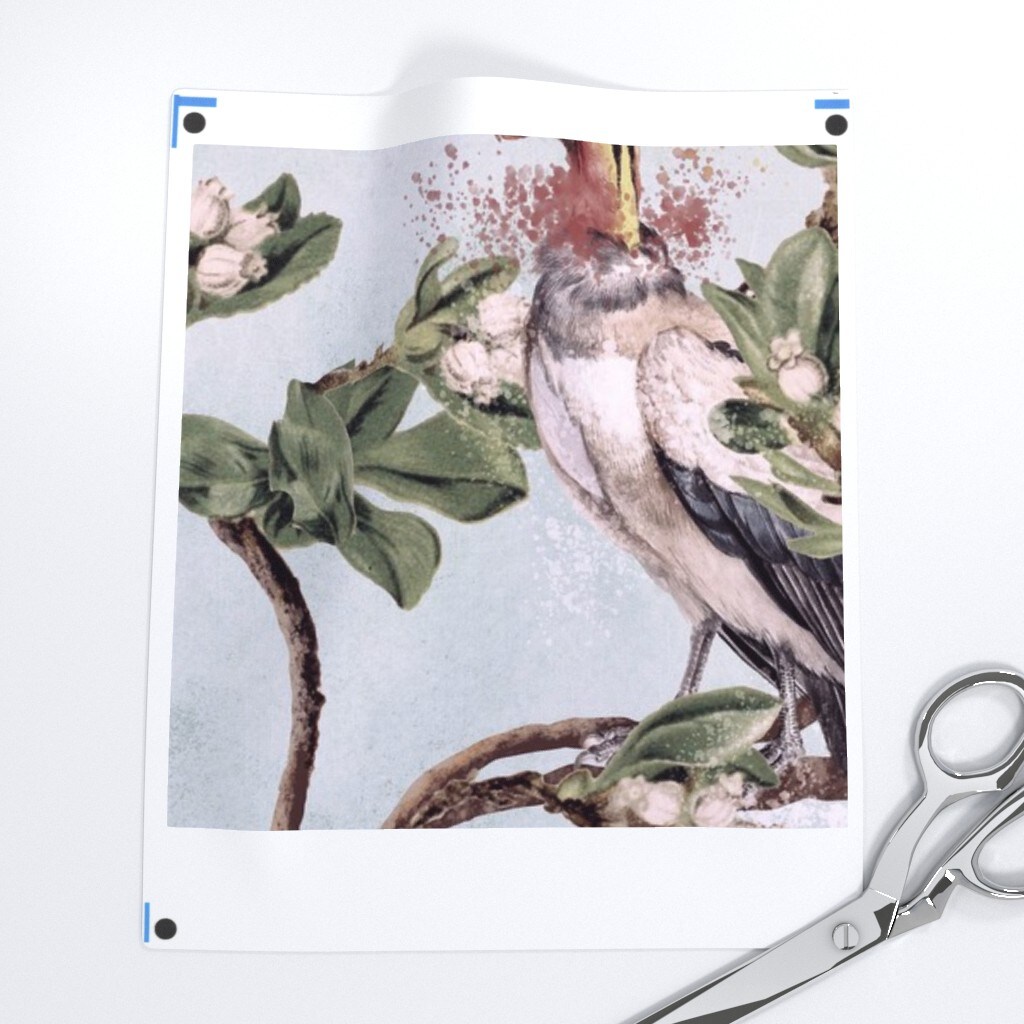 Vintage Birds Watercolor Chinoiserie Antiqued Of Prey Blue Green Gray Botanical Custom Printed Fabric by Spoonflower Various Fabrics by the Yard or Fat Quarter
