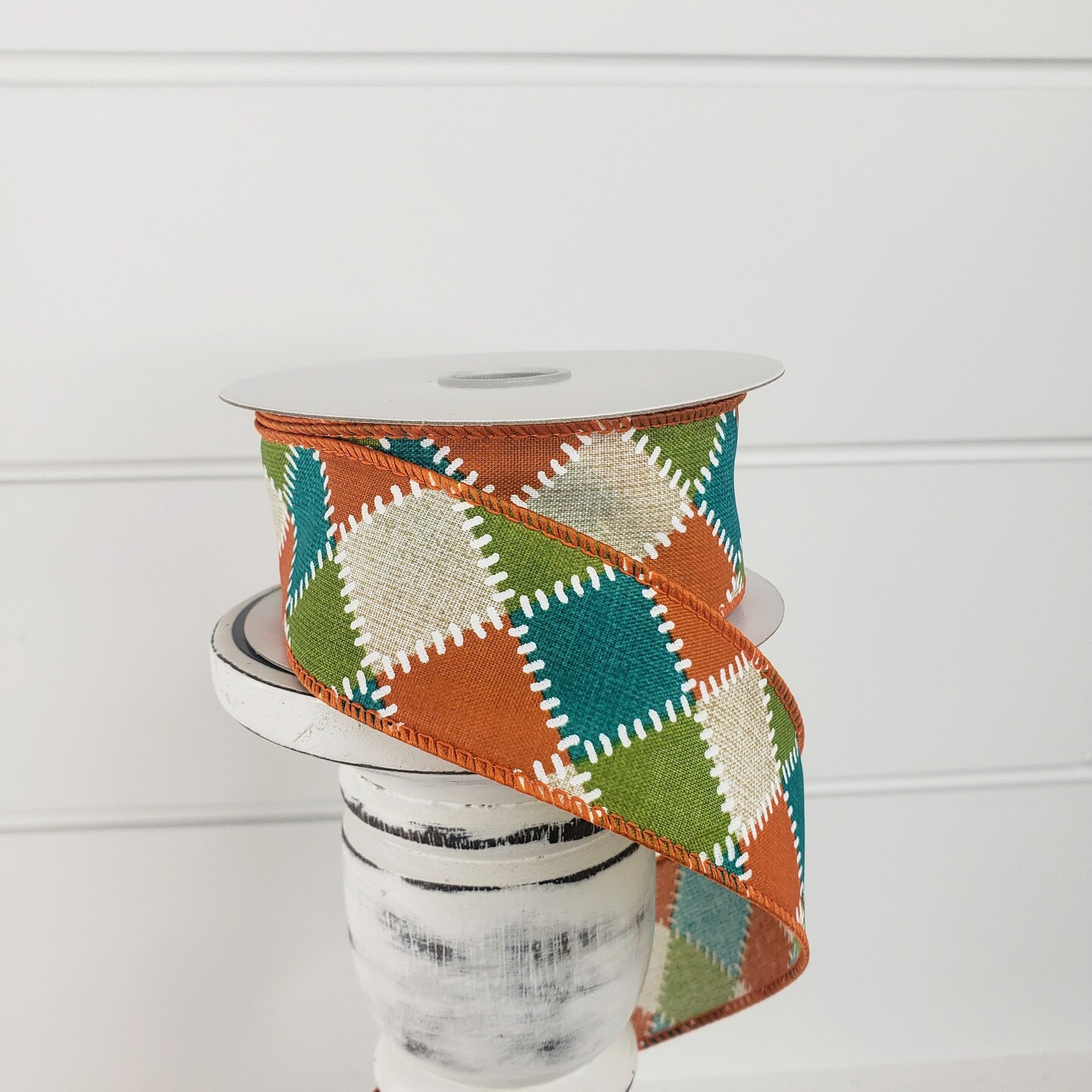1.5&#x22;x10YD Fall Stitch Check Wired Ribbon - Teal/Moss/Orange/Natural - Cozy and Vibrant Accent for Autumn Crafts and Decor-(61101-09-33)