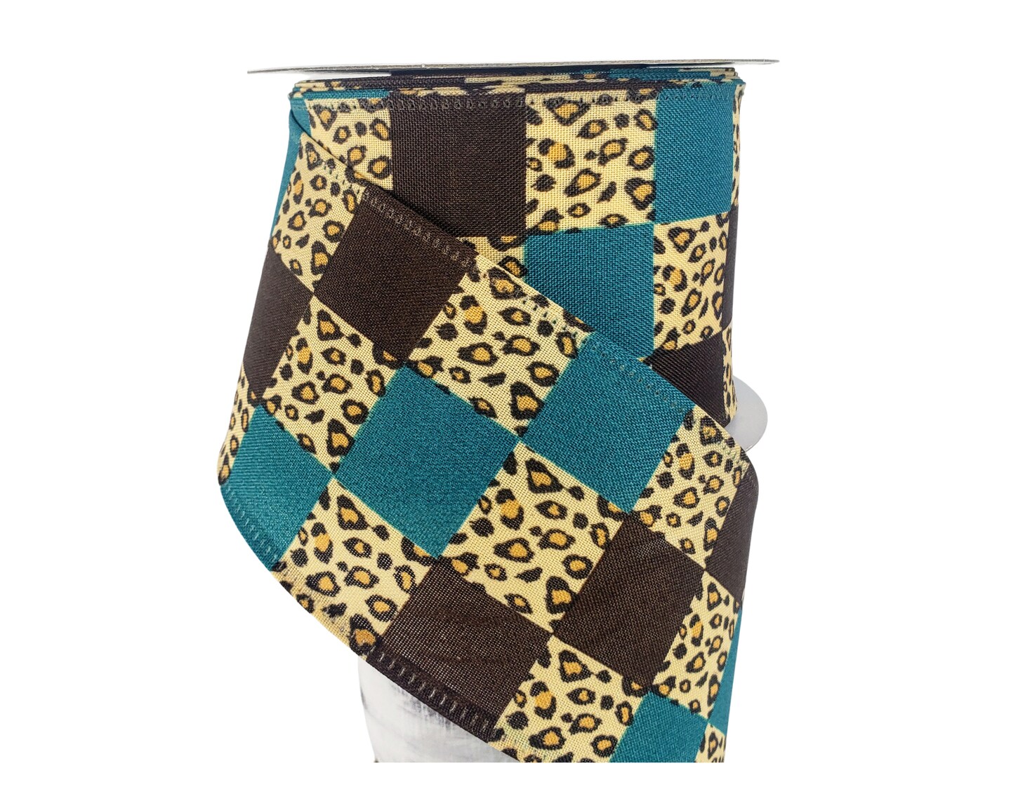 2.5&#x22;x10YD Teal Brown Cheetah Check Fall Wired Ribbon - Exotic Elegance for Autumn Crafts and Decor -(65110-40-33)