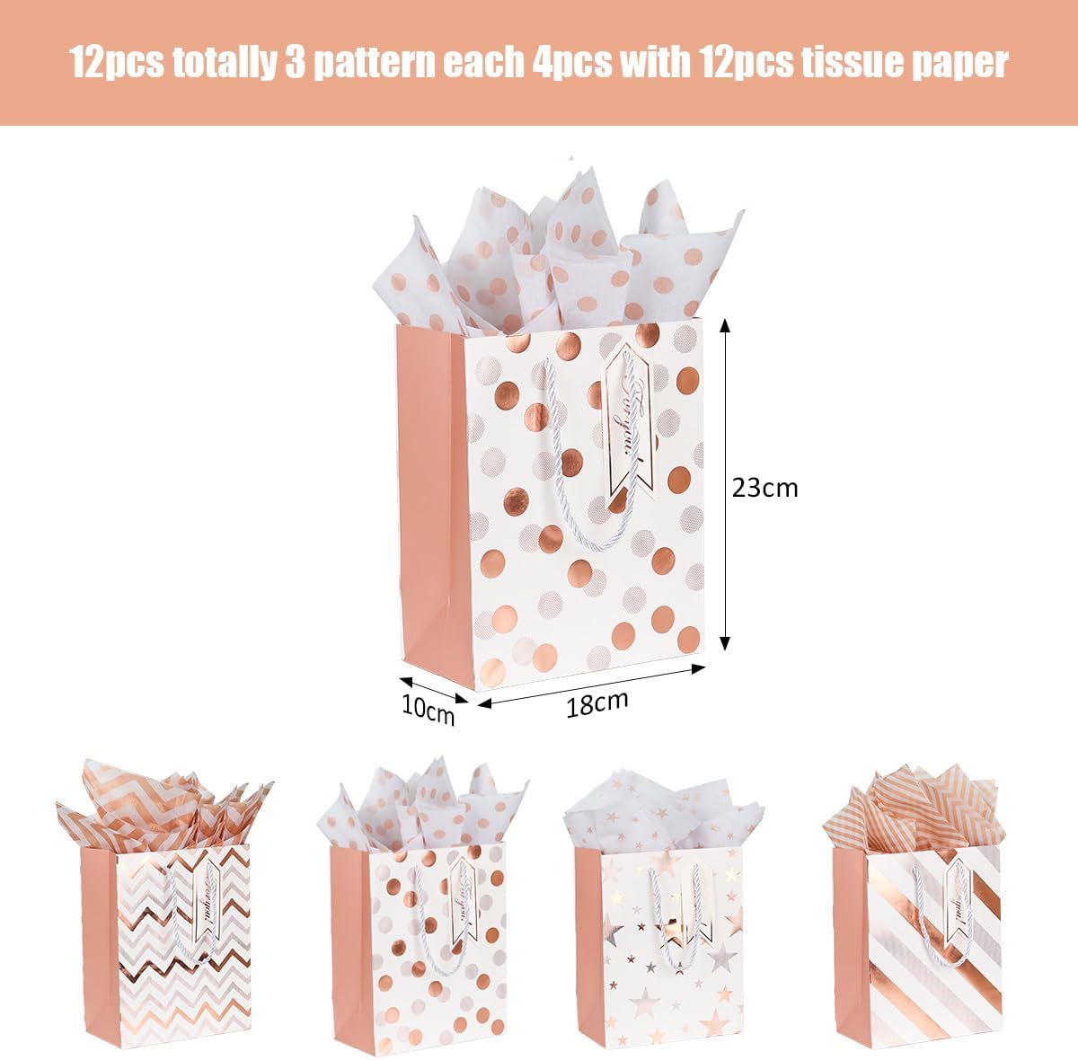12pcs 9" Gift Bags, Medium Size Paper Bags with Tissue Paper, White Gold Wrap Paper Gift Bags with Handles for Shopping Party Wedding Baby Shower Holiday Presents (Rose Gold)