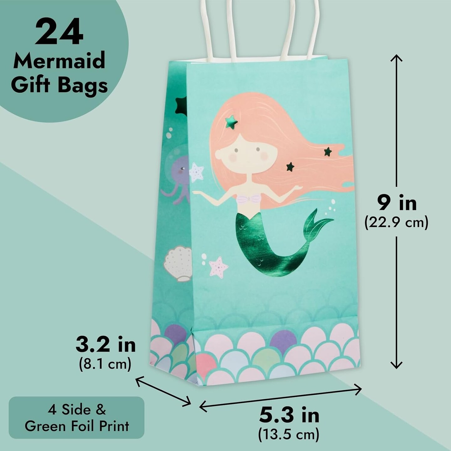 24 Pack Mermaid Gift Bags with Handles for Mermaid Birthday Decorations, Goodies, Treats (5.3 x 3.2 x 9 In Under The Sea Party Bags)