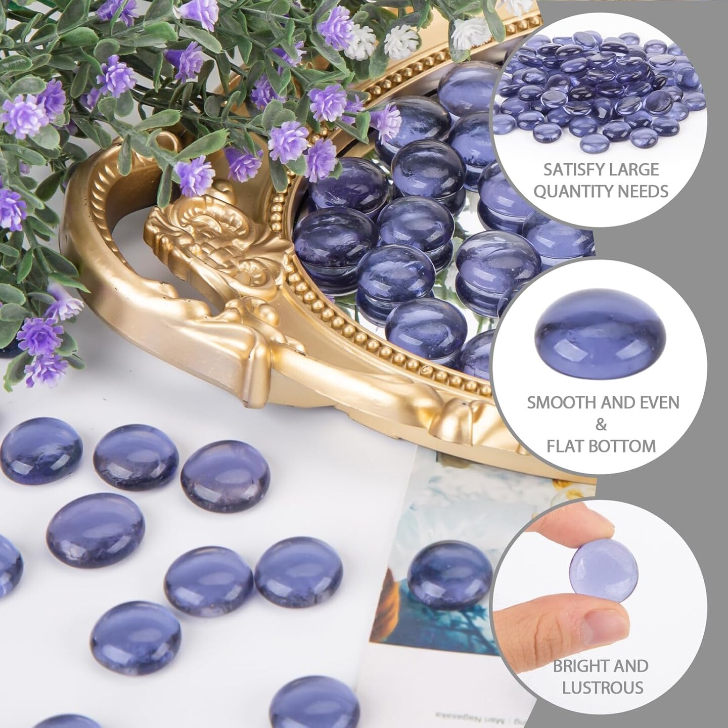 1LB Purple Flat Glass Marbles, Premium Purple Aquarium Rocks Fish Tank Gravel Stones Bulk Pebbles Decorative Beads for DIY Crafts Vase Fillers Table Scatter Decor