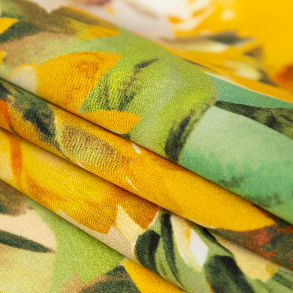 1 Yard Yellow and Green Sunflowers Digitally Printed Painterly Silk Charmeuse Fabric 55 inch Width