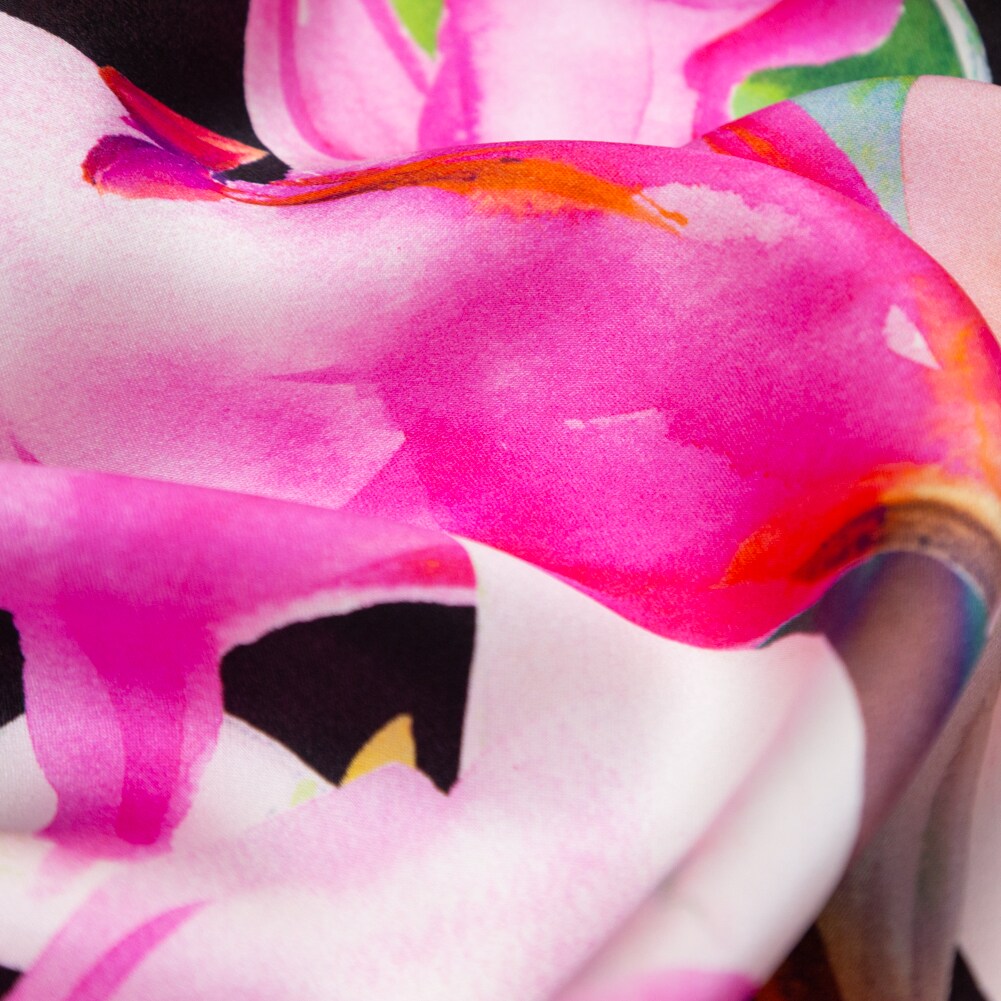 1 Yard Silk Charmeuse Watercolor Floral Italian Made Pink & Black Digital Print, 55 Inches Width