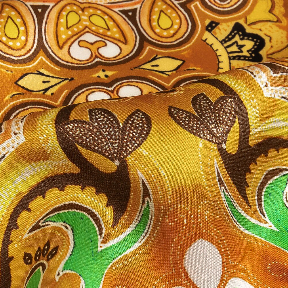 1 Yard Premium Italian Black Gold Green Geometric Floral Silk Charmeuse Fabric 53 inch Width