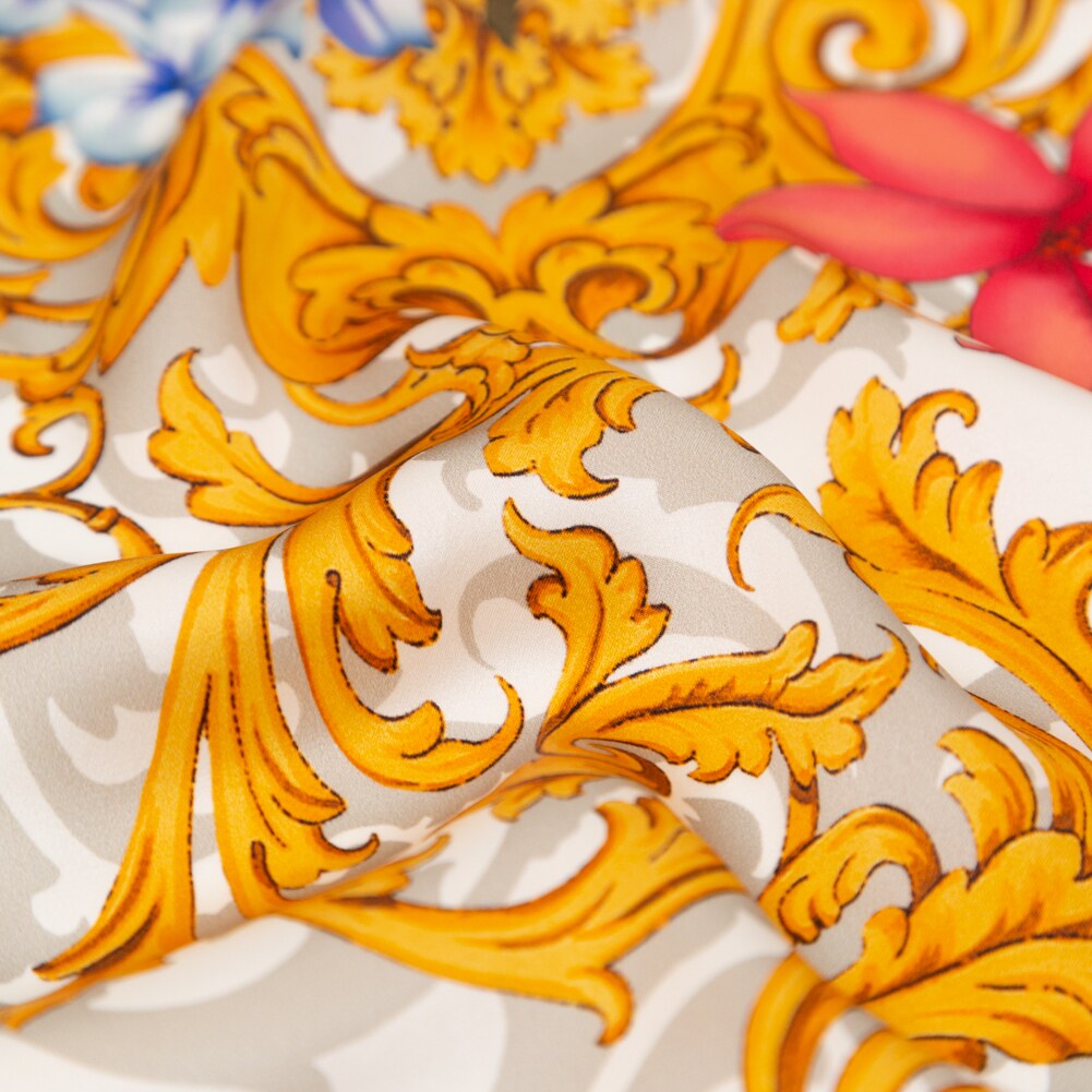 1 Yard Digitally Printed Silk Charmeuse Italian Classical Floral Mood Designer White, Pink & Gold 55 Inches Wide