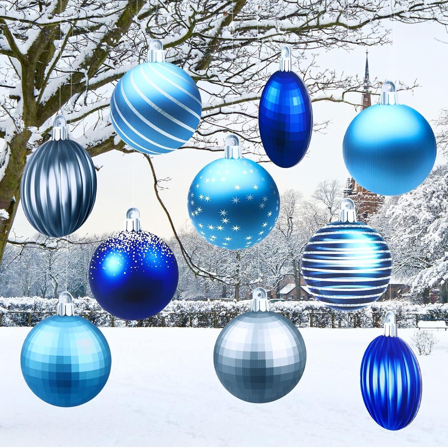 10 Pieces Large Size 7&#x22; round Christmas Ornament Christmas Hanging Decorations for Xmas Tree Outdoor Yard Lawn Porch Waterproof with 328 Feet Silver Cord (Cool Style)