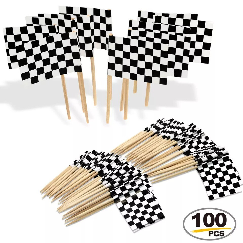 Checkered Racing Flag Toothpick Cupcakes Toppers Double Sides Print 100pcs