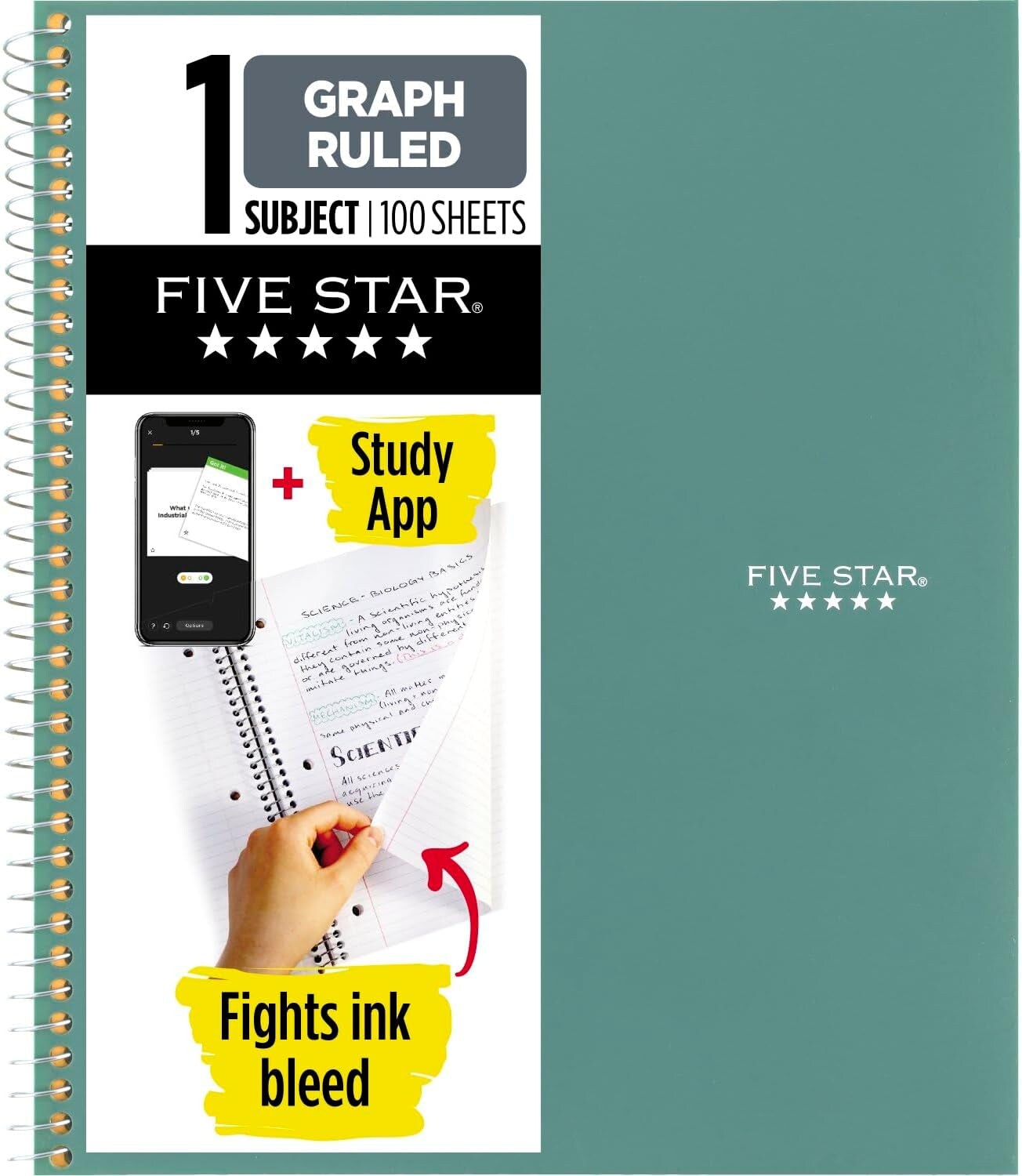 Spiral Notebook + Study App, 1 Subject, Graph Ruled Paper, Fights Ink Bleed, Water Resistant Cover, 8-1/2&#x22; X 11&#x22;, 100 Sheets, Seaglass Green (620000CH1)