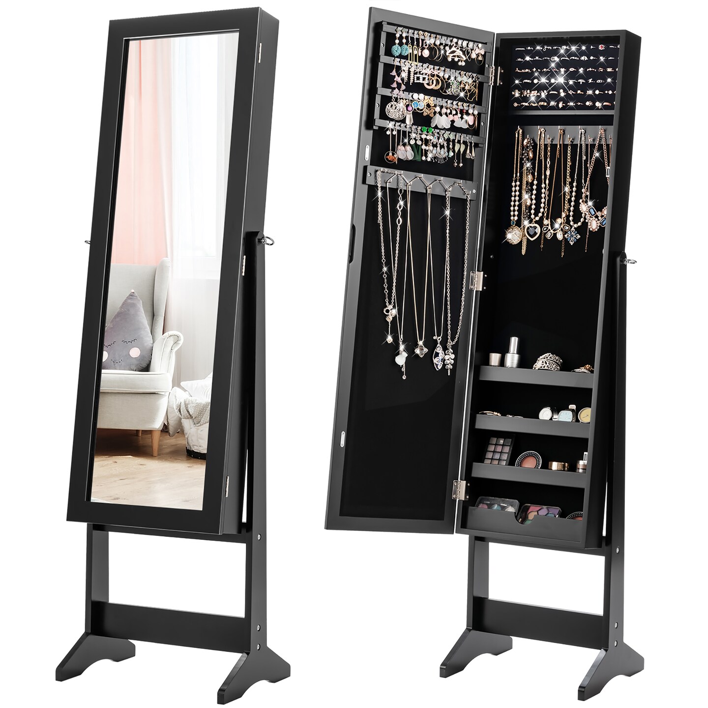 Costway Jewelry Mirrored Cabinet Armoire Organizer Storage Box with Stand Christmas Gift Black/White/Coffee/Brown