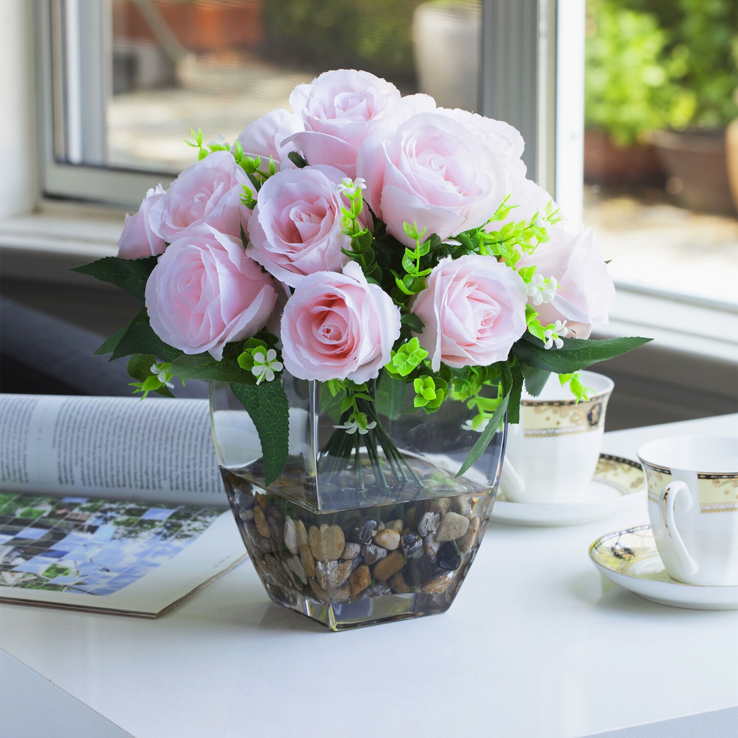 rose   22.5㎝ 18 Heads Artificial Pink Rose Flower Arrangement in Clear