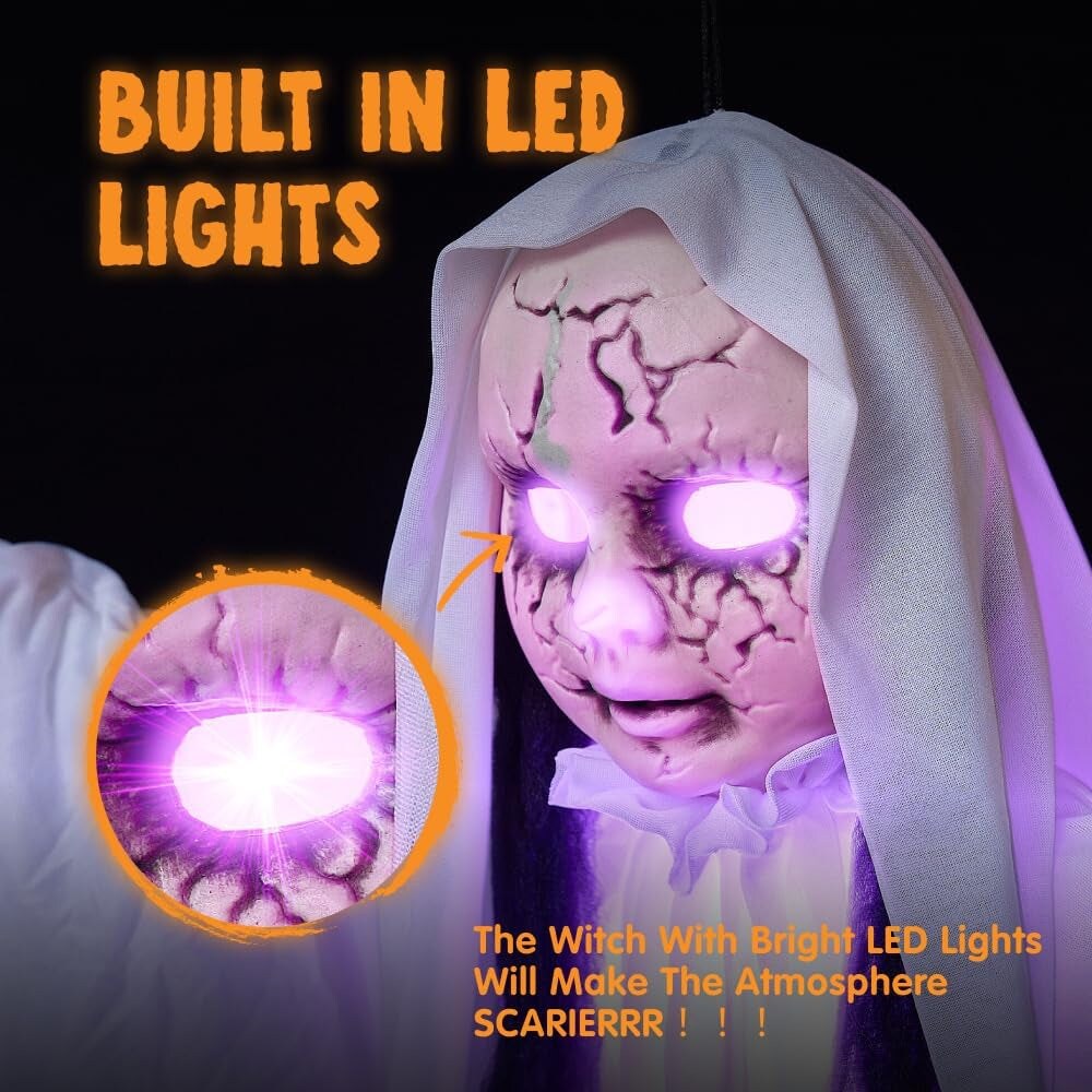 43" Halloween Hanging Ghost Decoration, Halloween Scary Hanging Ghost Girl with Light-Up Head for Halloween Outdoor, Yard, Patio Decoration, Halloween Haunted House Decorations