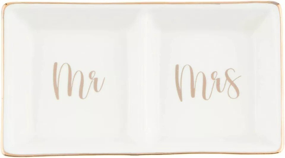 Mr & Mrs Ring Dish, Ceramic Jewelry Holder, Engagement Wedding Gift (Gold)