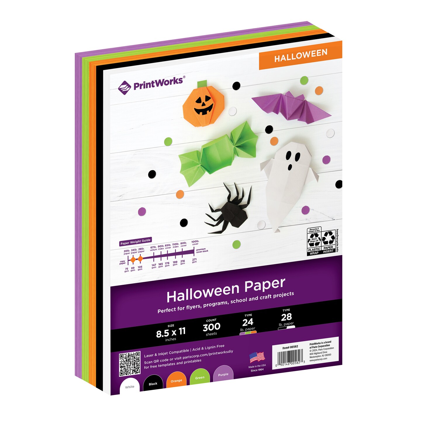 Printworks Halloween Paper, Includes Black, Purple, Green, Orange and White Paper, 8 ½” x 11”, 300 Sheets (00582)