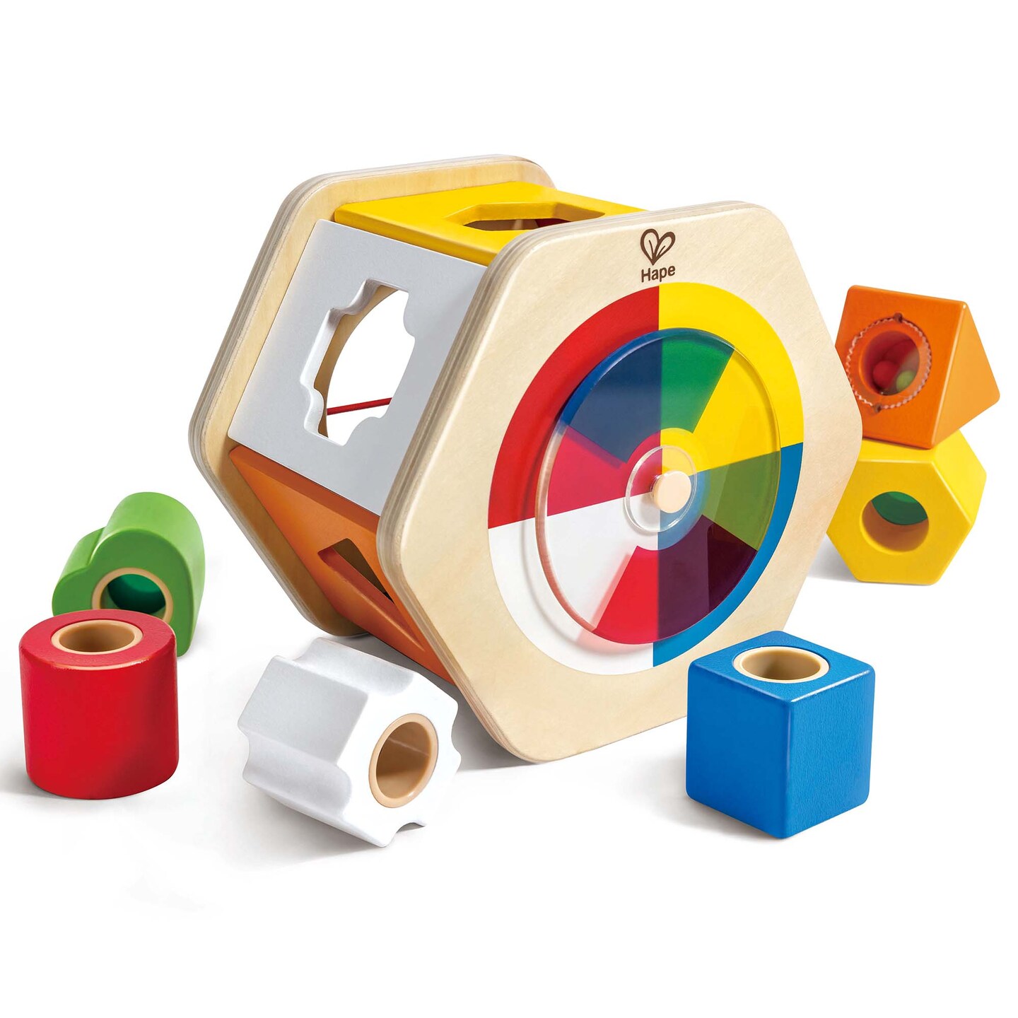 Hape: Wooden Wonder Shape Sorter - Rainbow Sorting Play Toy, 6 Multi-functional Blocks, Moving Color Wheel, Bungee Cord Side, Baby-Toddler-Kids Age 1+