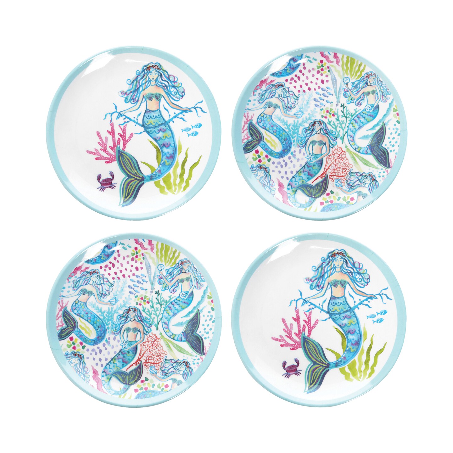 7&#x22; Mermaid Garden Blue Decorative Dining Plates Set of 4 for Coastal Kitchen