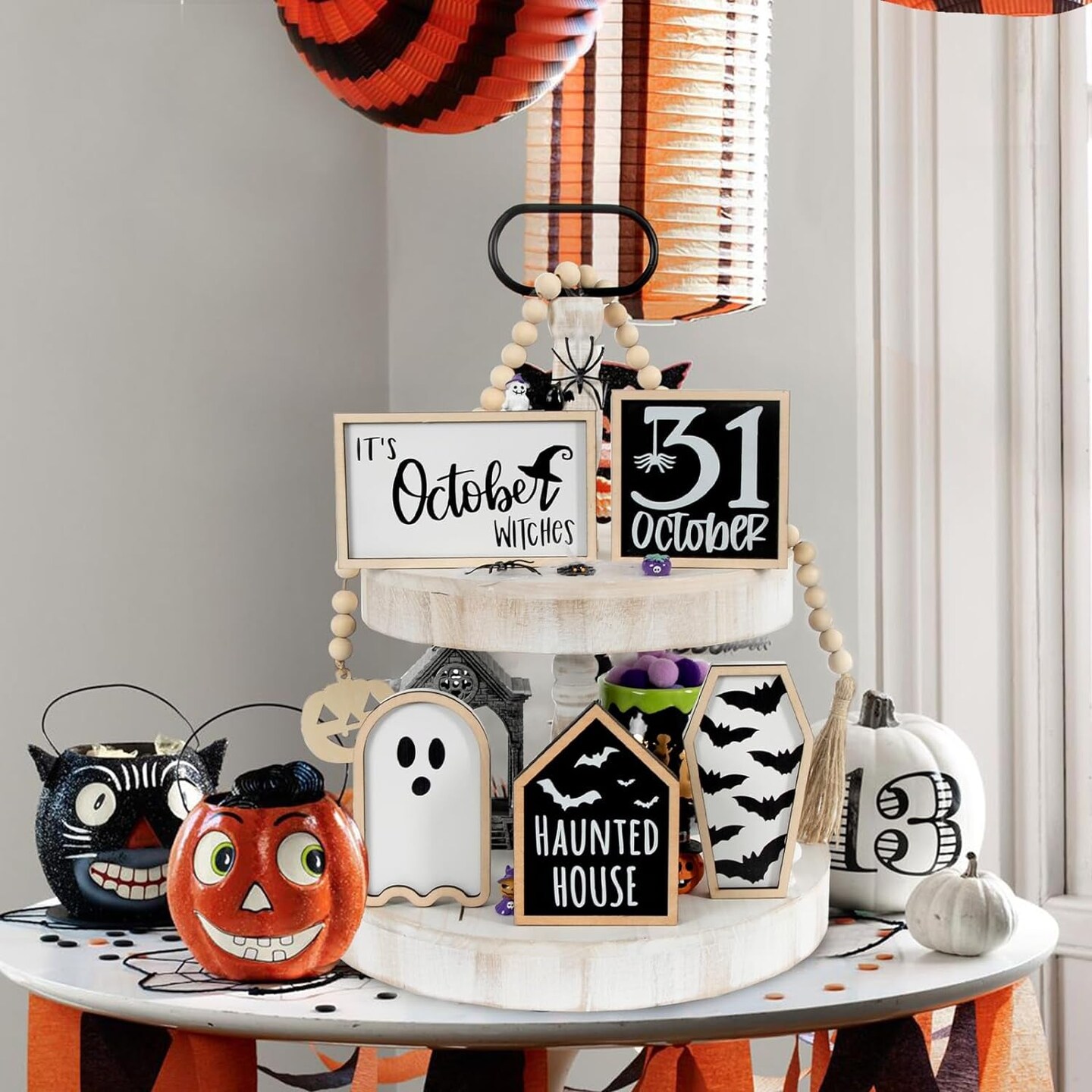 Halloween Decorations |  Halloween Tiered Tray Decor | Bat Coffin, Haunted House, Ghost, Witches, October 31 Sign, Bead Garland | Halloween Decor | Halloween Centerpiece for Table Shelf