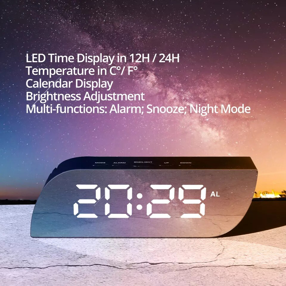 Digital Mirror Alarm Clock Leaf Shape with Temperature Date Night Mode