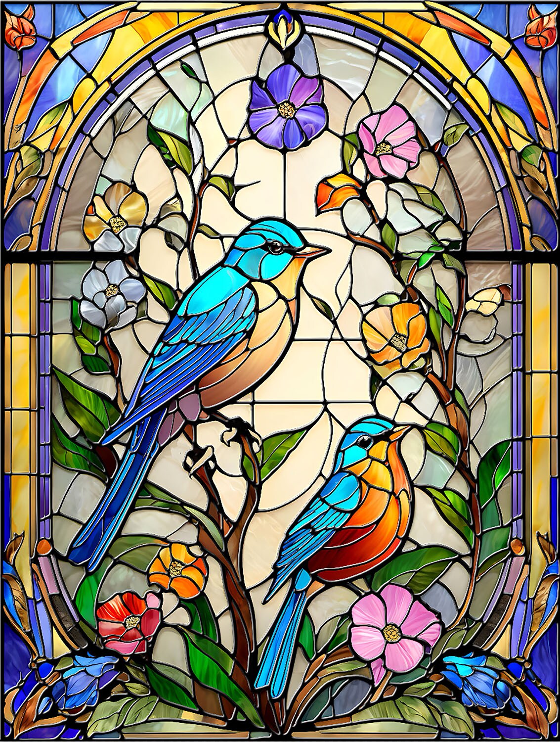 Sunsout Stained Glass Flowers and Bluebirds 500 pc Jigsaw Puzzle 71857