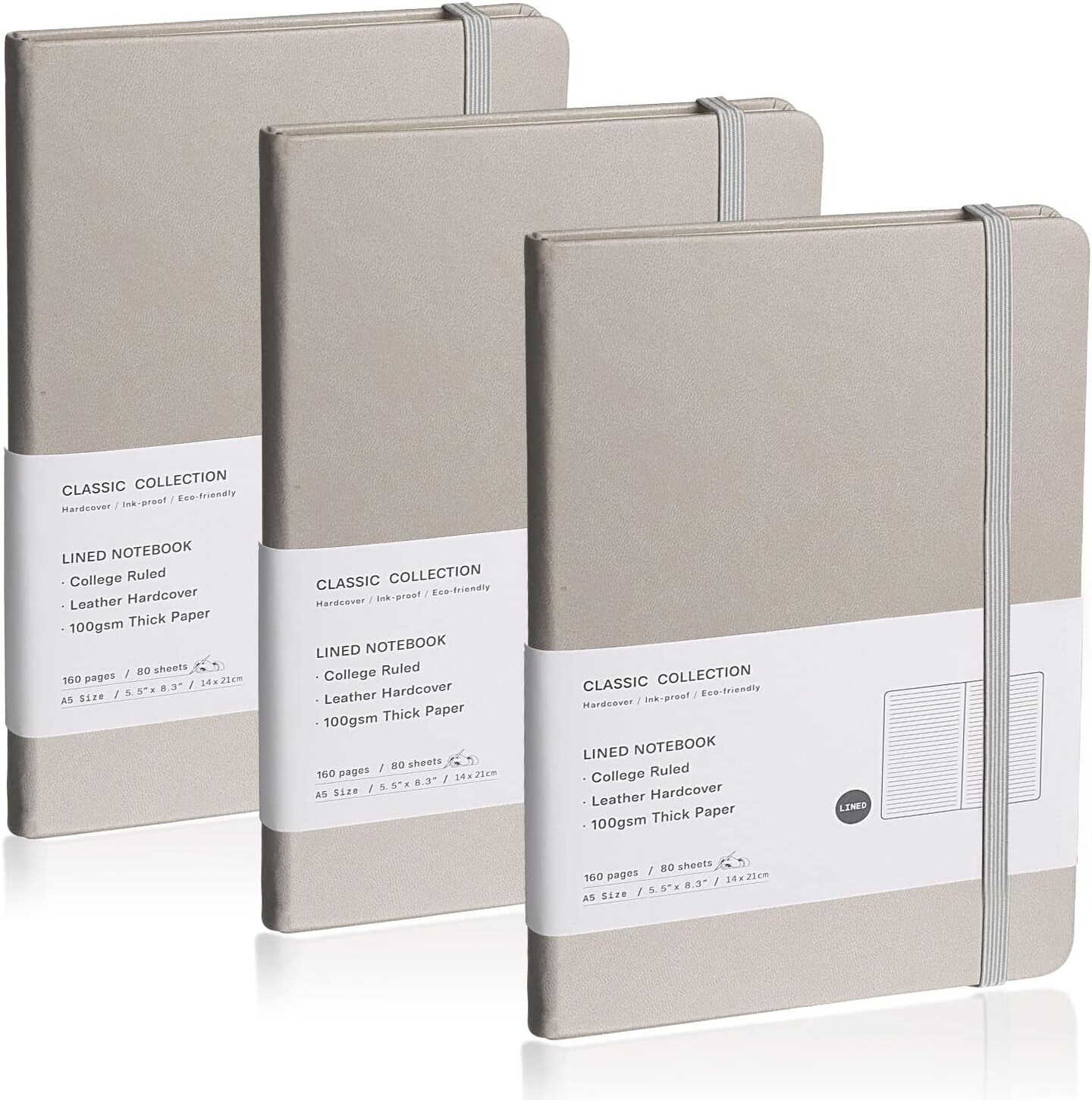 Lined Journal Notebook, 3Pack(Grey), 160 Pages, Medium 5.7 Inches X 8 Inches - 100 Gsm Thick Paper, Hardcover
