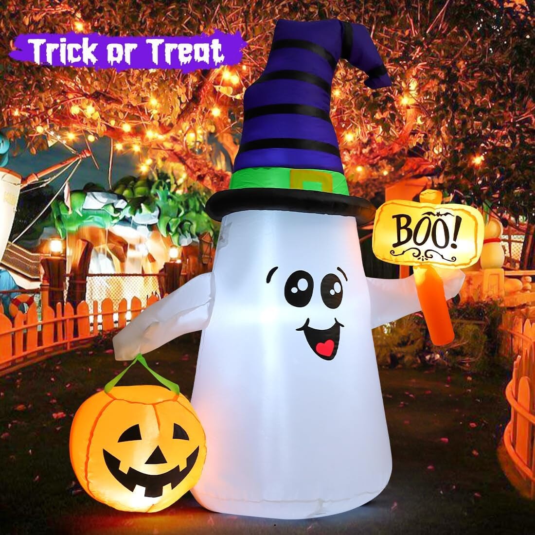 5 FT Halloween Inflatables Ghost Outdoor Decorations Blow up Yard Cute Wizard Ghost with Pumpkin with Built-In Leds for Garden Lawn Indoor Party Holiday Decor