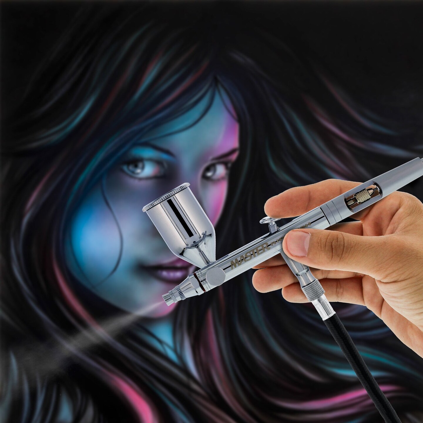 Master Elite SB88 Set Dual-Action Side Feed Airbrush Kit with 3 Nozzle Sets (0.3, 0.5 &#x26; 0.8mm) Needles, Fluid Tips and Air Caps), 1/2 oz. Gravity Cup, Guide