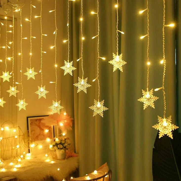 LED Christmas Curtain Snowflake Fairy String Party Lights Xmas Waterproof Decor