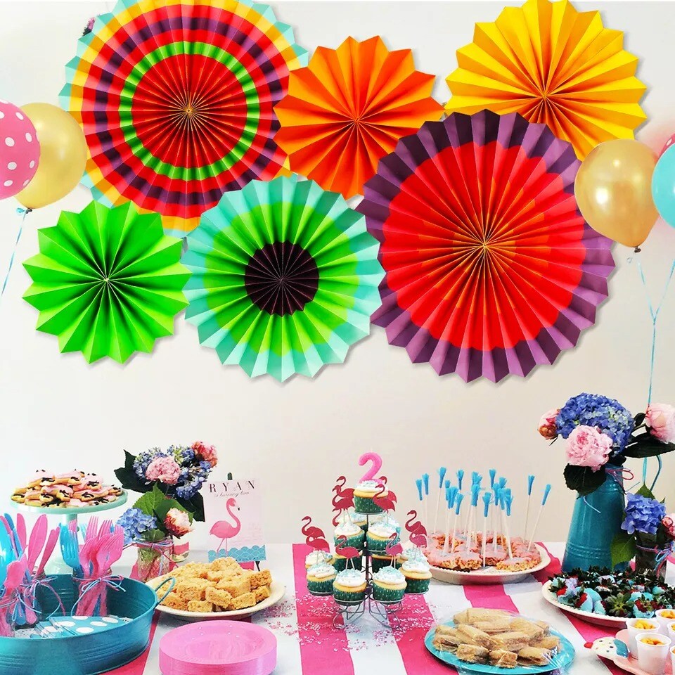 Set of 6 Vibrant Hanging Paper Fans Backdrop Rosette Flowers