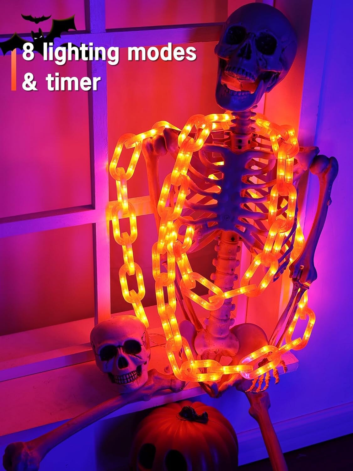 Halloween Decorations Battery String Lights - 10 Ft 160 LED Plastic Chain String Lights with Waterproof, 8 Lighting Modes and Timer Function (Orange)
