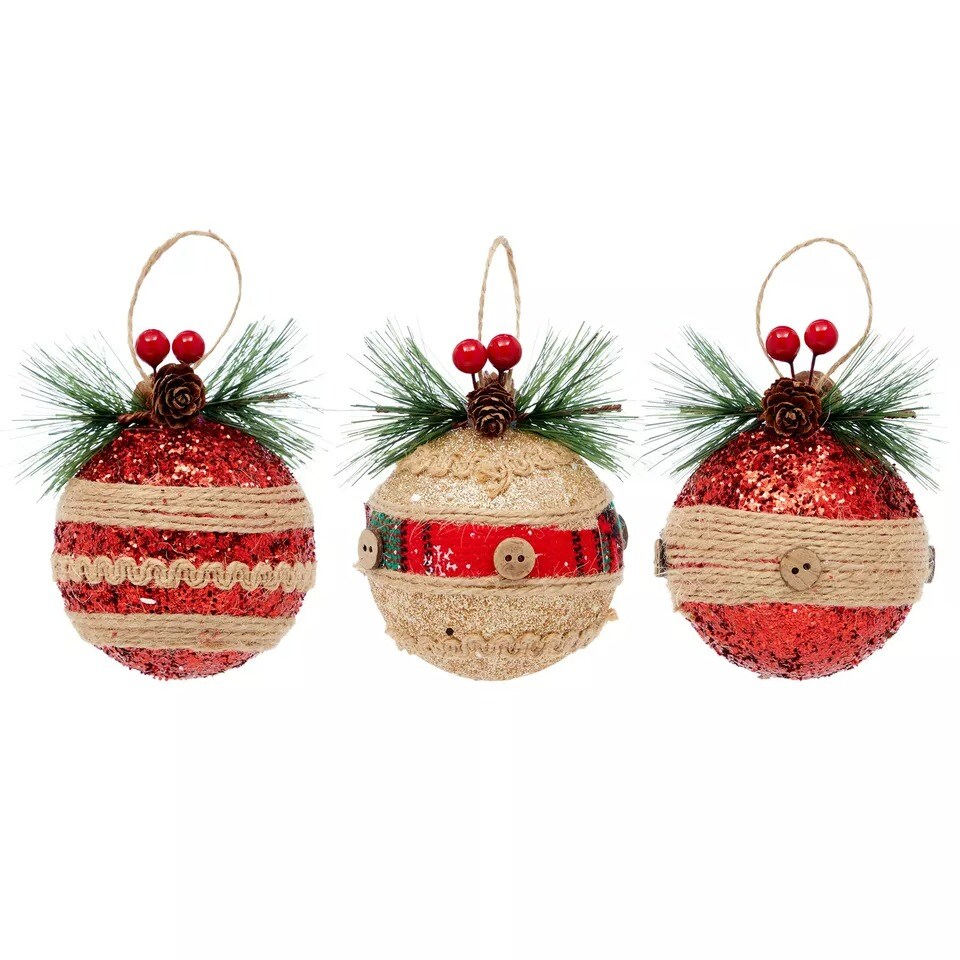 6 Pack Rustic Christmas Ornaments, Xmas Tree Decorations for Holiday Home Décor