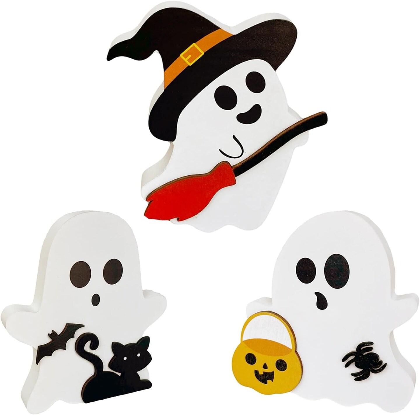 Cute Ghost Halloween Decorations for Indoors, Spooky Decorations, Wooden Tiered Tray Decor Table Sign, Black Cat, Bat, Witch Broom Signs, Pumpkin Blocks for Party Home Shelf Display