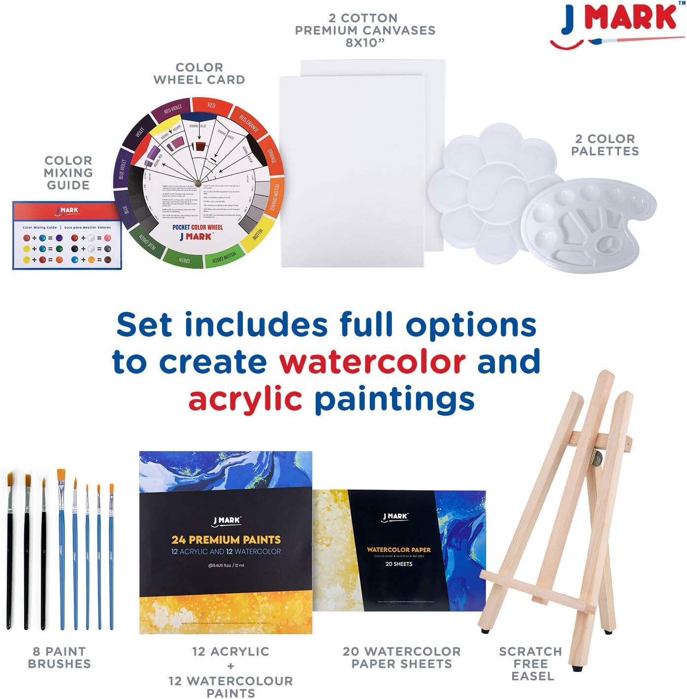 Acrylic &#x26; Watercolor Painting Kit &#x2013; Complete Painting Set with Watercolor Kit, Acrylic &#x26; Watercolor Paint Tubes, Wood Easel, Watercolor Paper, Canvas Painting Kit &#x26; More