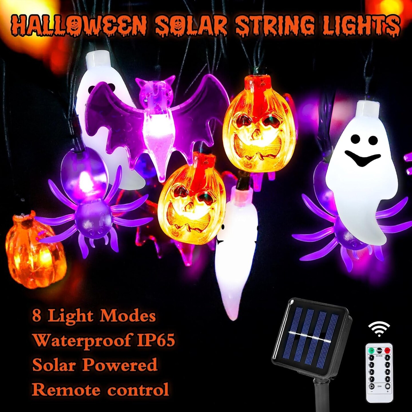 Halloween Solar Lights Decorations Outdoor, 26FT 40 LED 3D Pumpkin Spider Bat Ghost Halloween String Lights with Timer, 8 Modes Waterproof Halloween Decorations Lights for Indoor Home Yard Party Decor