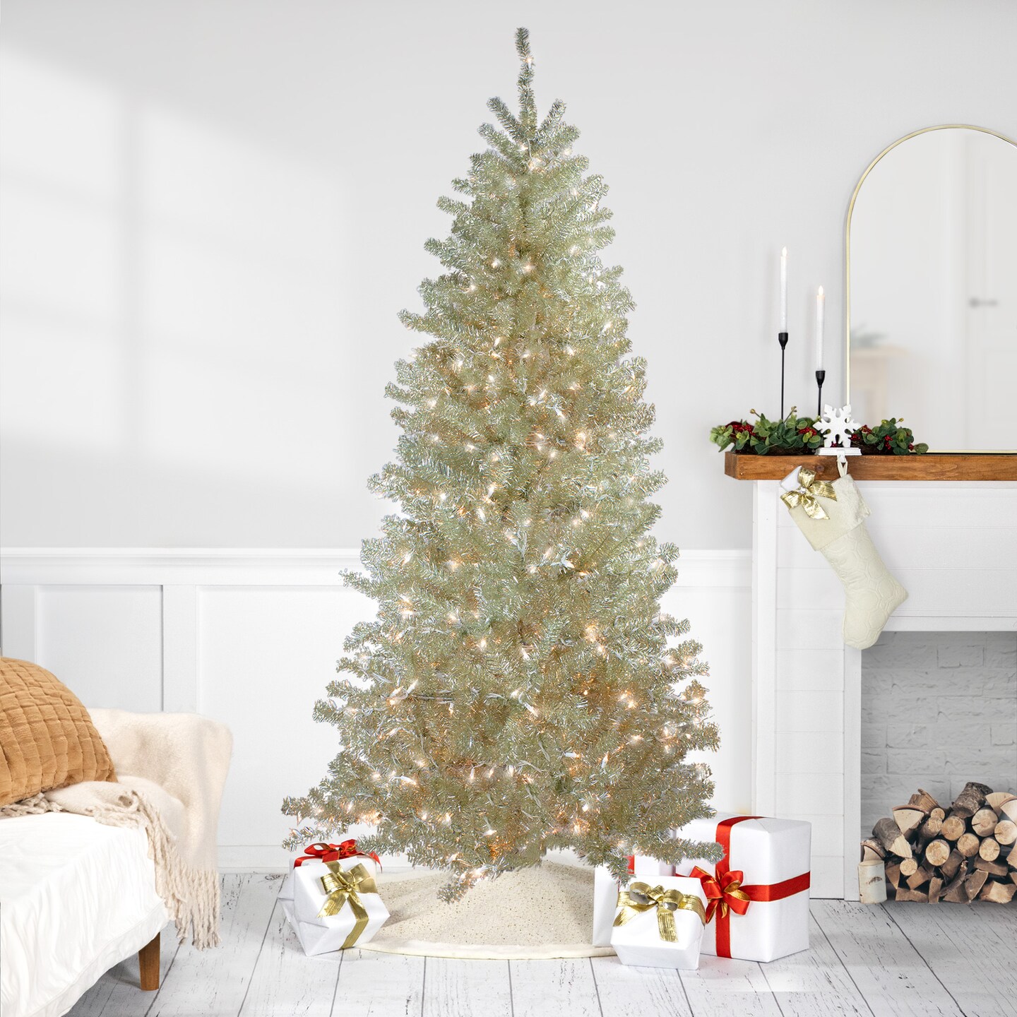 Northlight Metallic Platinum Artificial Tinsel Christmas Tree - 7 ft Clear Lights