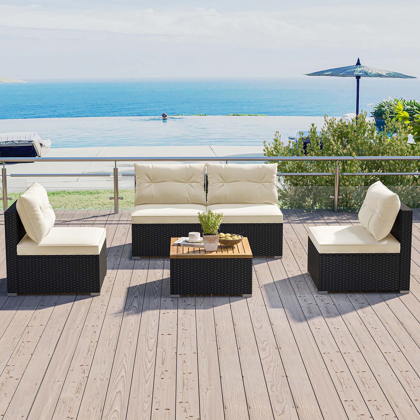 Costway 5 Piece Outdoor Furniture Set with Seat &#x26; Back Cushions Acacia Wood Tabletop