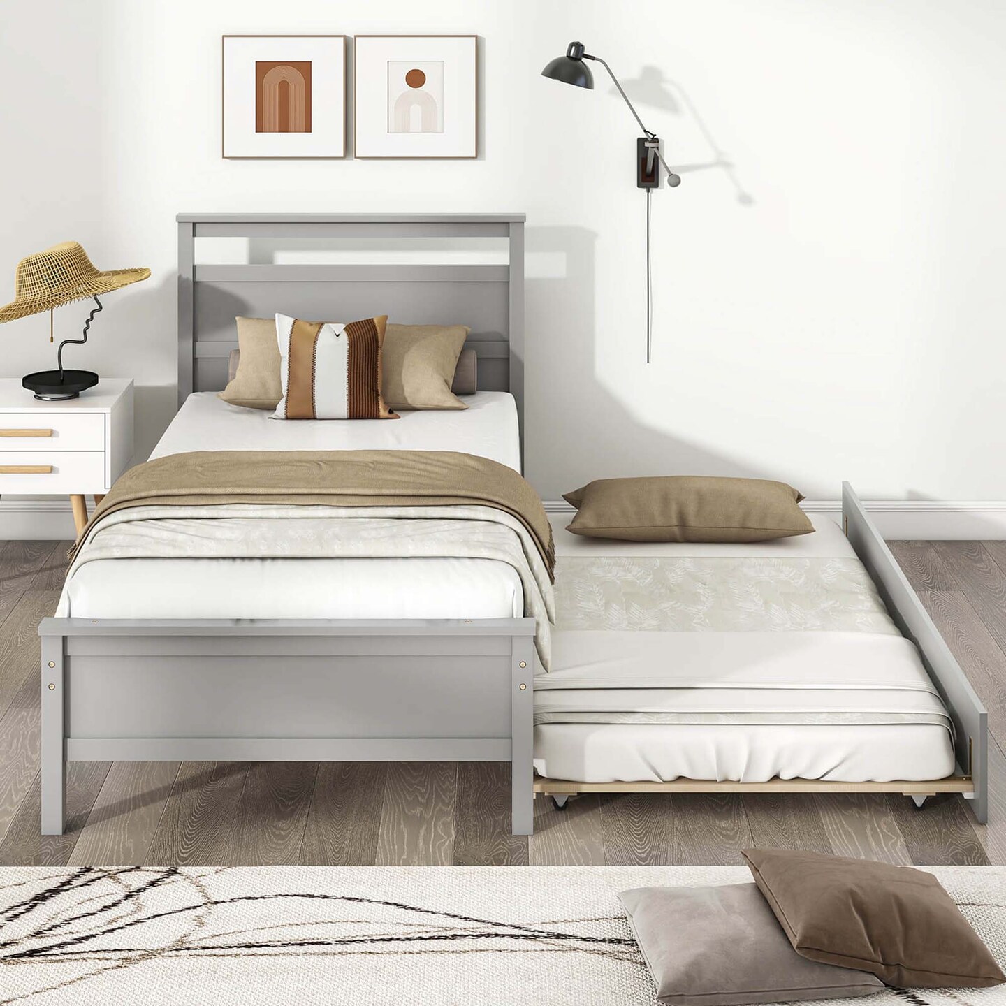 Costway Twin Size Platform Bed with Trundle Pull-out Trundle Headboard & Footboard Gray/White